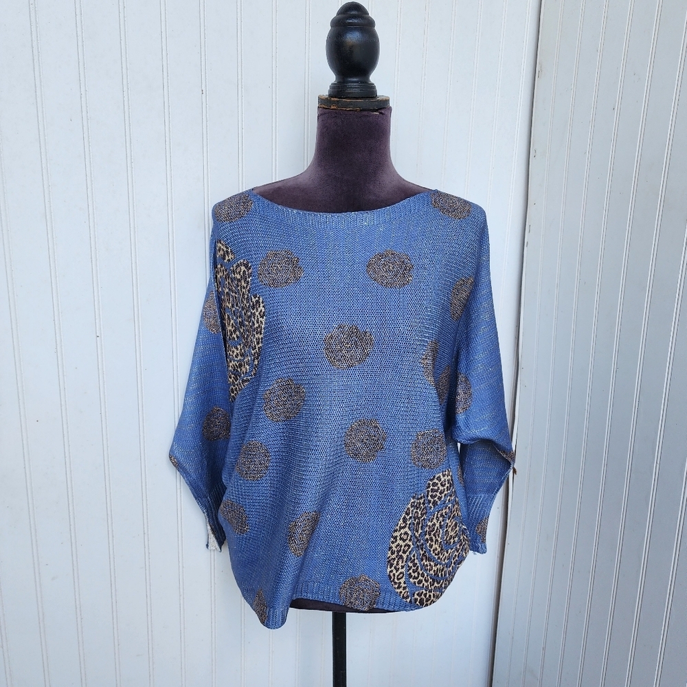 Brand Bazar Top Blue Brown Metallic Sparkle Boat Neck Top Sweater M/L